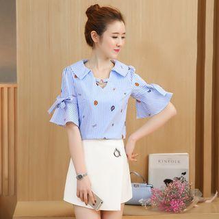 Set: Striped Elbow Sleeve Top + Plain Skort