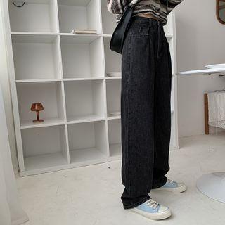 V Neck Striped Long-sleeve Cardigan / High Waist Wide Leg Jeans