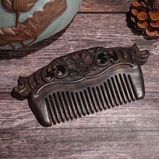 Flower Engraved Wooden Hair Comb Dark Brown - One Size