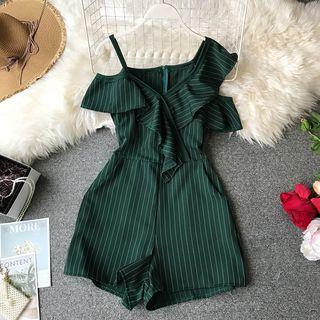 Short-sleeve Cut-out Pinstriped Playsuit