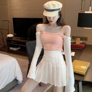 Chain Strap Cold-shoulder Long-sleeve Knit Top / Mini Pleated Skirt