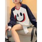 Smiley Face Loose-fit Sweatshirt Blue & Red - One Size