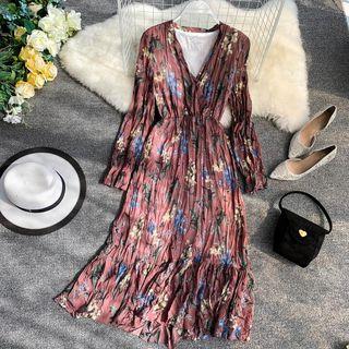 Long-sleeve Crinkled Floral Midi A-line Dress