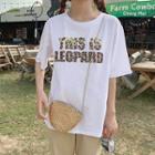 Elbow-sleeve Leopard Print Letter T-shirt