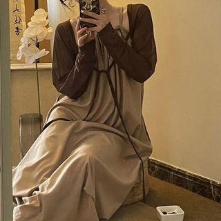 Long-sleeve Plain Cropped Cardigan / Plain Halter Spaghetti Strap Dress