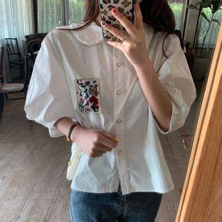 Balloon-sleeve Floral Embroidered Blouse / Midi A-line Skirt