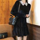 Long-sleeve Lace Collar Velvet Dress Black - One Size