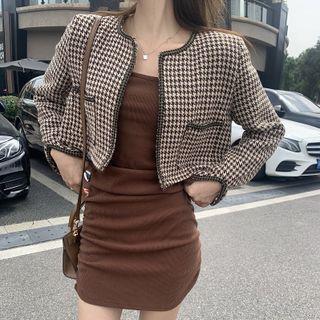 Houndstooth Cropped Jacket / Spaghetti-strap Mini Sheath Dress