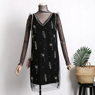 Faux-pearl V-neck Sleeveless Mesh Dress