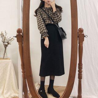 Long-sleeve Plaid Wide-collar Blouse / Midi A-line Skirt