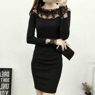Long-sleeve Lace Panel Mini Knit Sheath Dress