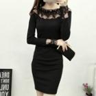 Long-sleeve Lace Panel Mini Knit Sheath Dress