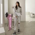 Set: Asymmetric-hem Crop Sweatshirt + Distressed Jogger Pants Gray - One Size