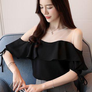 Short-sleeve Mesh Panel Chiffon Top