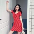 Short-sleeve Tie Neck Striped Dress