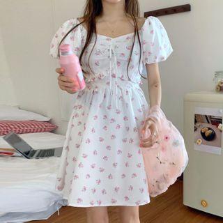 Short-sleeve Floral Print Blouse / Midi A-line Dress