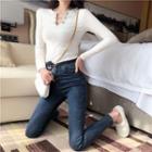 V Neck Long Sleeve Top / High Waist Tight Jeans