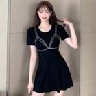 Short-sleeve Rhinestone A-line Dress
