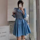 Fringed Button-down Vest / Puff-sleevve A-line Dress