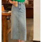 Frayed Slit-hem Midi A-line Denim Skirt