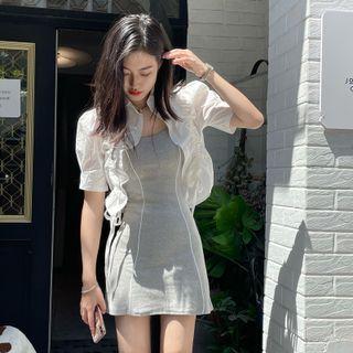 Spaghetti-strap Mini Sheath Dress / Puff-sleeve Open-front Jacket