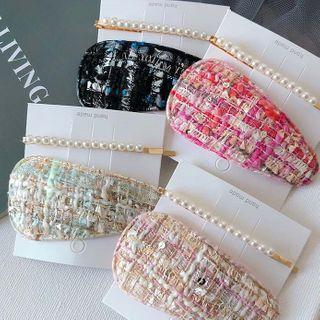 Set Of 2: Faux Pearl Hair Clip + Plaid Hair Clip