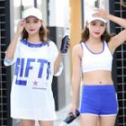 Set: Plain Bikini Top + Swim Shorts + Lettering Cover-up