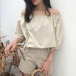 Plain Off-shoulder Loose-fit Short-sleeve Blouse