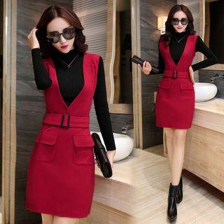 Set: Long-sleeve Knit Top + Sleeveless Tweed V-neck Dress