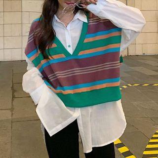 Mock Two-piece Striped Loose-fit Shirt
