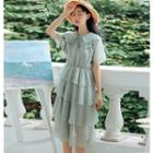 Short-sleeve Perforated Wide Collar Chiffon A-line Midi Tiered Dress