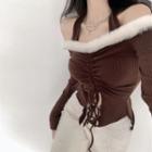 Off-shoulder Fluffy Trim Drawstring Knit Crop Top Brown - One Size