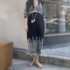 Elbow-sleeve Embroidered Midi Dress Black - One Size