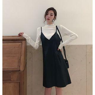 Long-sleeve Mock Neck Top/ Spaghetti Strap Shift Dress
