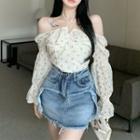 Long-sleeve Off-shoulder Floral Chiffon Top / Distressed Denim Mini Skort