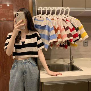 Short-sleeve Collar Striped Knit Crop Top