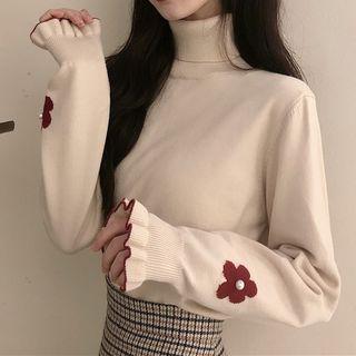 Turtleneck Flower Print Knit Top