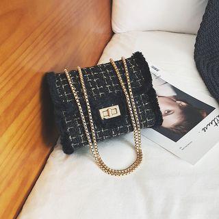 Furry Trim Chain Strap Tweed Shoulder Bag