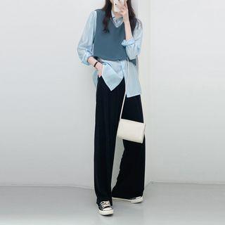 Plain Chiffon Oversize Shirt / V-neck Plain Cropped Vest