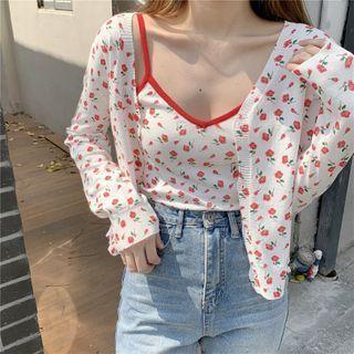 Set: Floral Print Light Jacket + Camisole Top Set - Floral - White - One Size