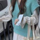 V-neck Sweater Vest / Bell-sleeve Midi A-line Dress