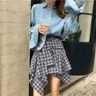 Flare Sleeve Shirt / Plaid Mini Skirt
