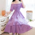 Cold-shoulder Elbow-sleeve Layered Maxi A-line Dress