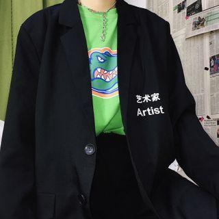 Lettering Embroidered Single-breasted Blazer Black - One Size