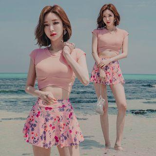 Set: Cap-sleeve Swim Top + Floral Print Skirt