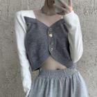 Long-sleeve V-neck Two-tone Cropped Knit Top