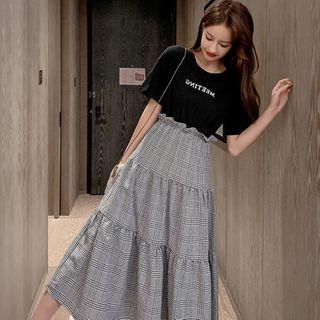 Mock Two-piece Short-sleeve Lettering Plaid Midi Dress