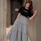 Mock Two-piece Short-sleeve Lettering Plaid Midi Dress