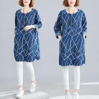 Geometric Print Denim Blouse