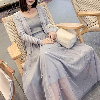Set: Spaghetti Strap Knit Top + Embellished Maxi A-line Skirt + Cardigan
